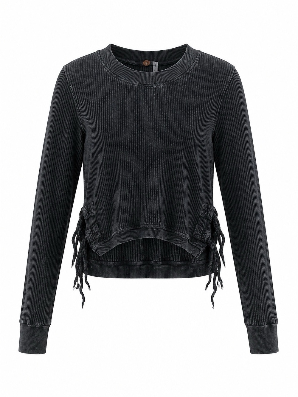 Free People Washed Black Ribbed Crewneck Sweatshirt with Side Lace-Up